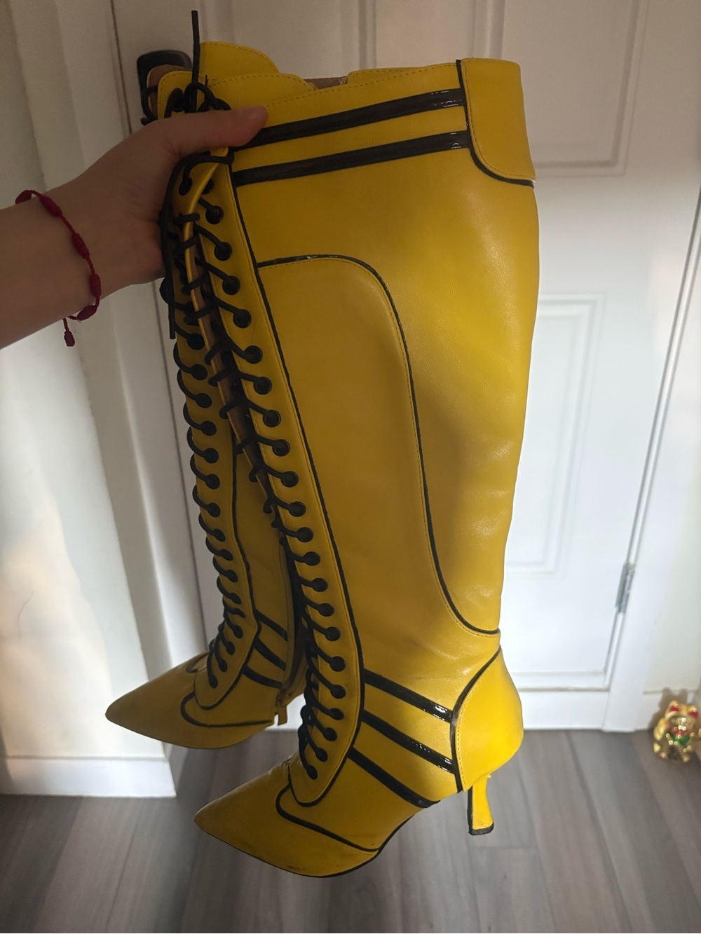 Yellow Lace-Up Pointed-Toe Knee Boots with Black Trim